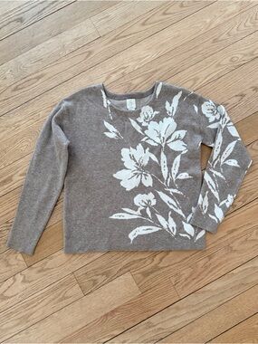 Joie Taupe Crewneck Sweater with White Floral Design XS